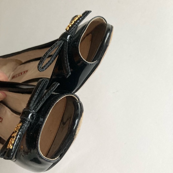 Prada Black Patent Leather Bow Logo Open Toe Wedges size EUR 38, US 7.5 - Picture 13 of 16